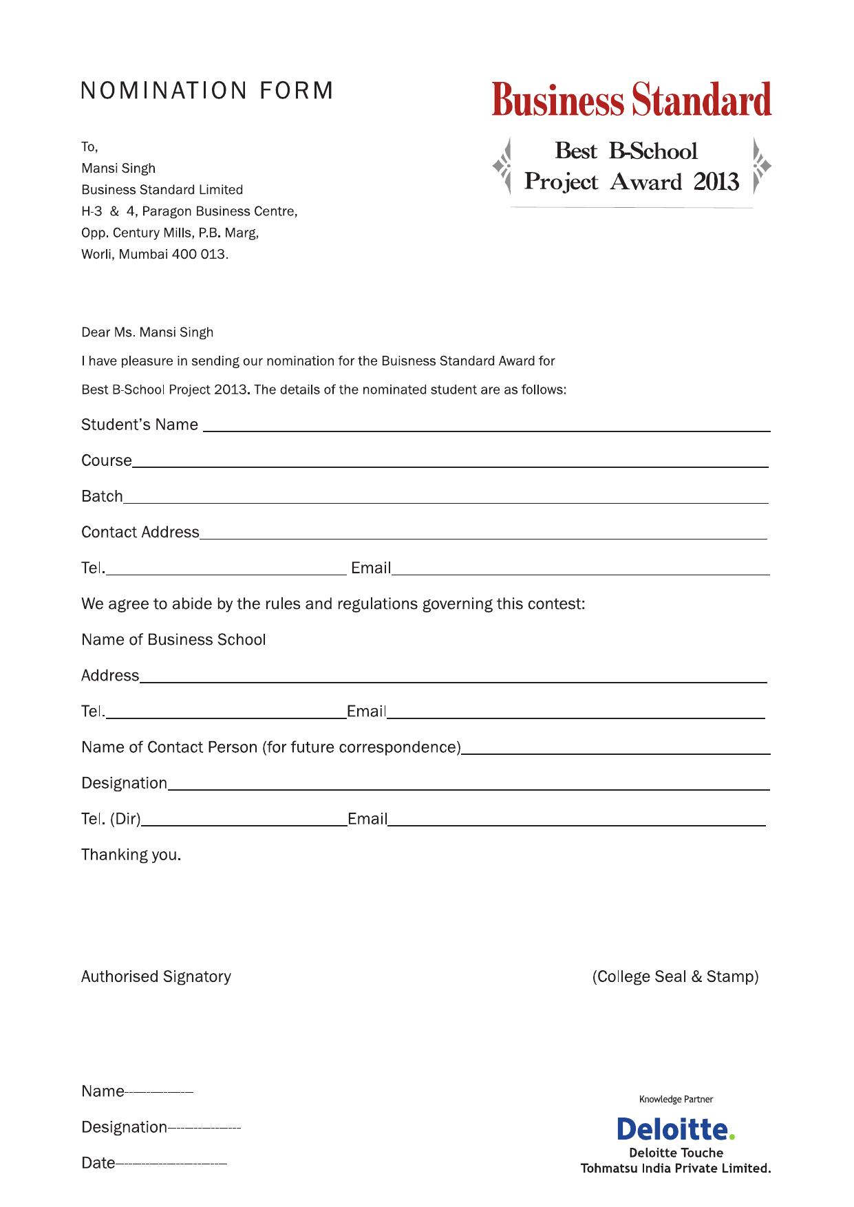 BS_Best B-School Project_Application Form_2013
